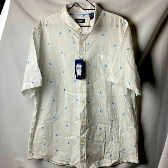 - NWT CHAPS MENS SIZE XXL BUTTON DOWN SHORT SLEEVE SHIRT WHITE BLUE PINEAPPLE - Picture 1 of 12